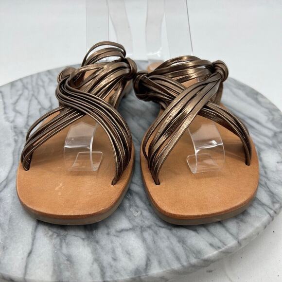 Anthropologie Womens 9 Sandals Bronze Leather Mystic Metallic Strappy Flat - Picture 3 of 11